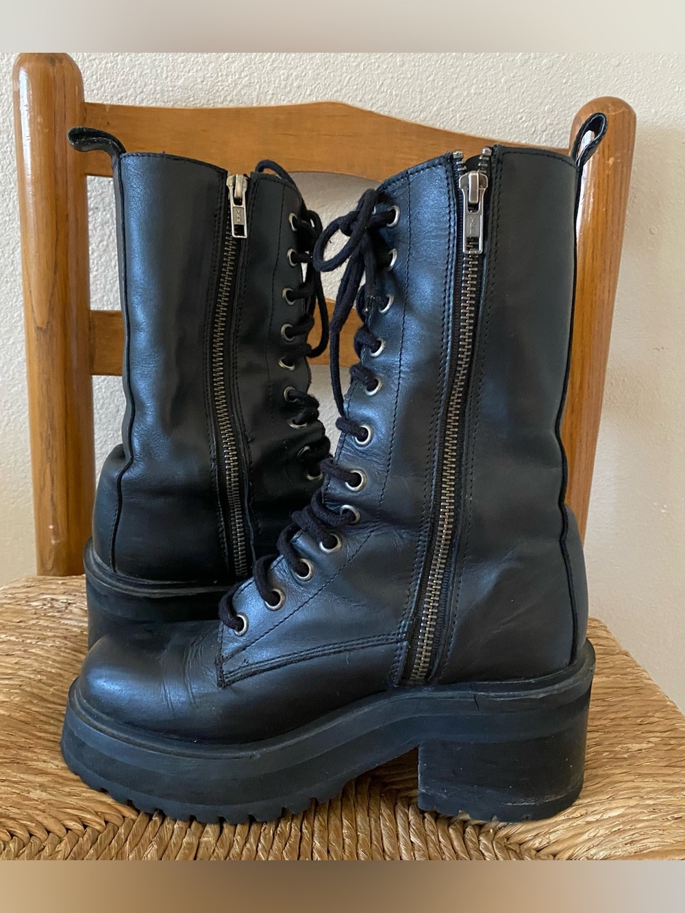 Steve Madden Jupiter Lace Up Platform Combat Boots Black Leather Chunky - Picture 3 of 10